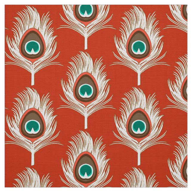 Peacock Feathers, White on Mandarin Orange Fabric (Swatch)