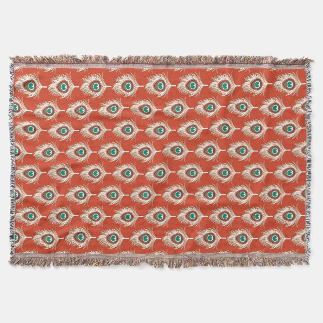 Peacock Feathers, White on Mandarin Orange Throw Blanket (Front)