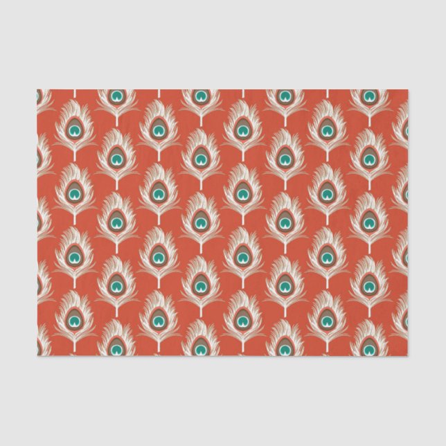 Peacock Feathers, White on Mandarin Orange Tissue Paper (Front)