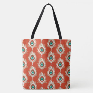 Peacock Feathers, White on Mandarin Orange Tote Bag