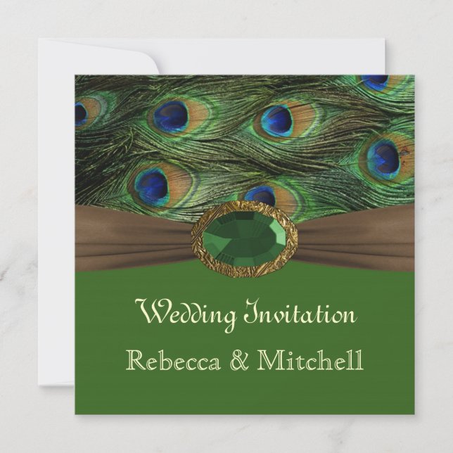 Peacock feathers with faux emerarld Wedding Invitation (Front)