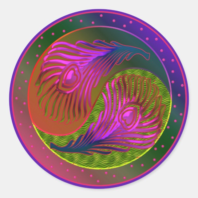 Peacock Feathers Yin Yang 2 Classic Round Sticker (Front)