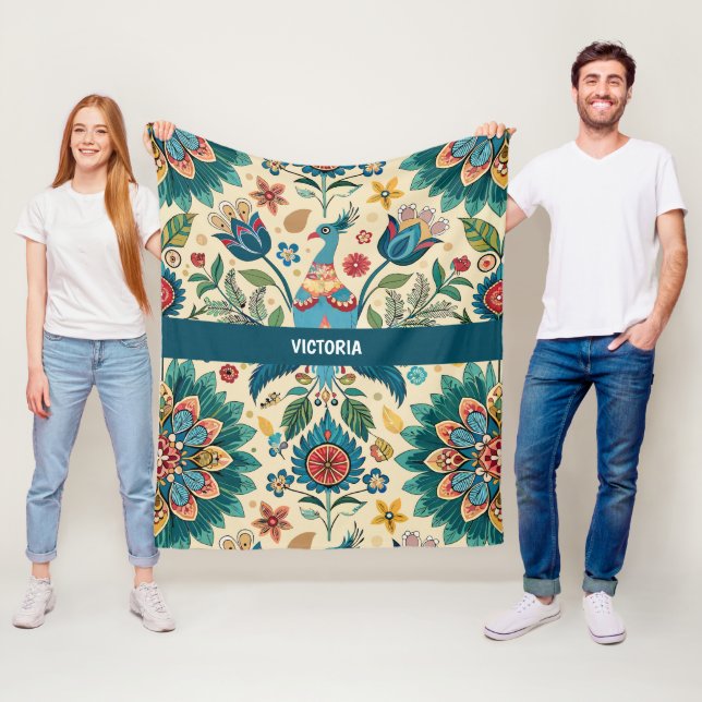 Peacock Fest Floral Custom Pattern Fleece Blanket (In Situ)
