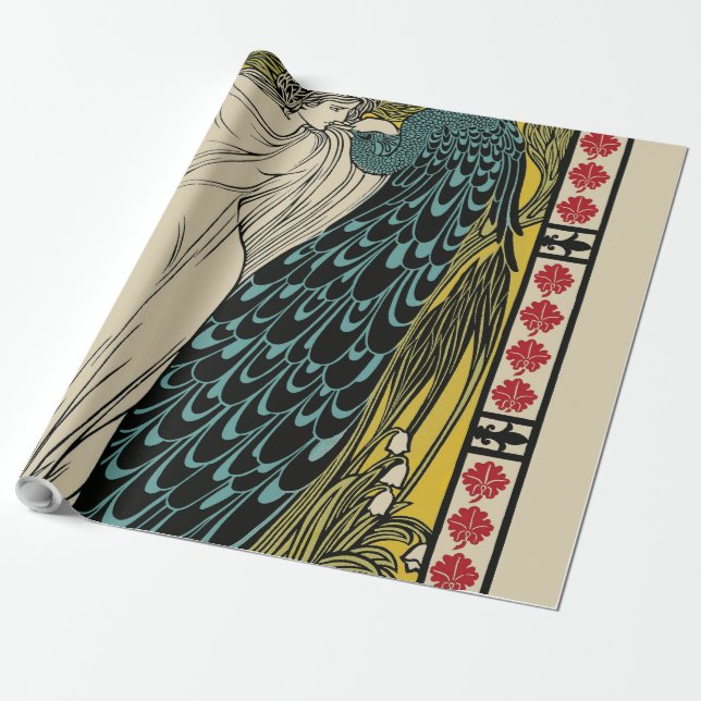 Peacock Fine Art Bird Nouveau Wrapping Paper (Unrolled)