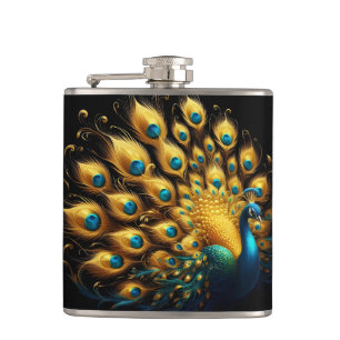 Peacock flaunting blue and yellow plumage hip flask