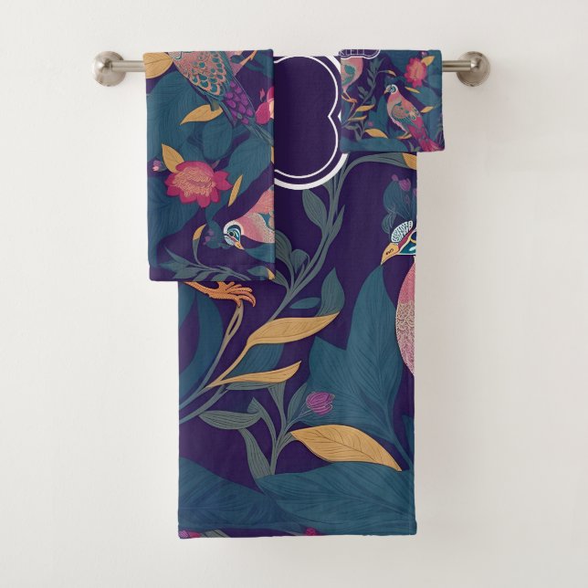 Peacock Floral Colourful Personalised Pattern Bath Towel Set (Insitu)
