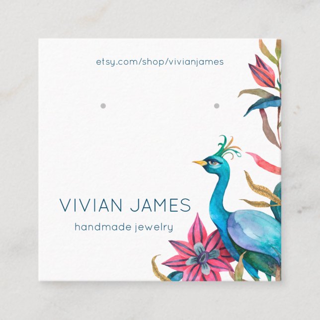 Peacock Floral Earring Jewellery Card Template (Front)
