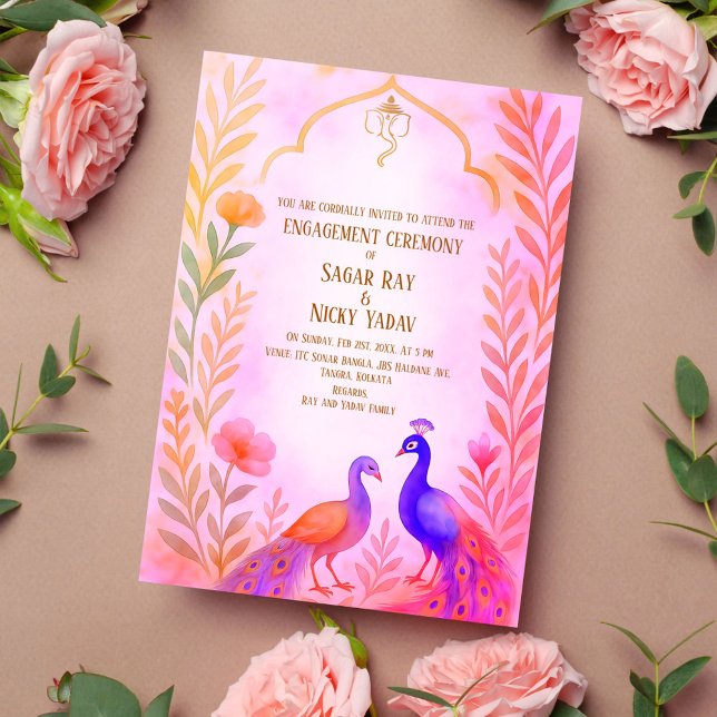 Peacock Floral Indian Hindu Engagement Ceremony Invitation (Creator Uploaded)