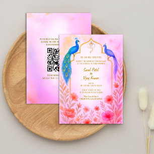 Peacock Floral Indian Hindu Wedding QR Code Invitation