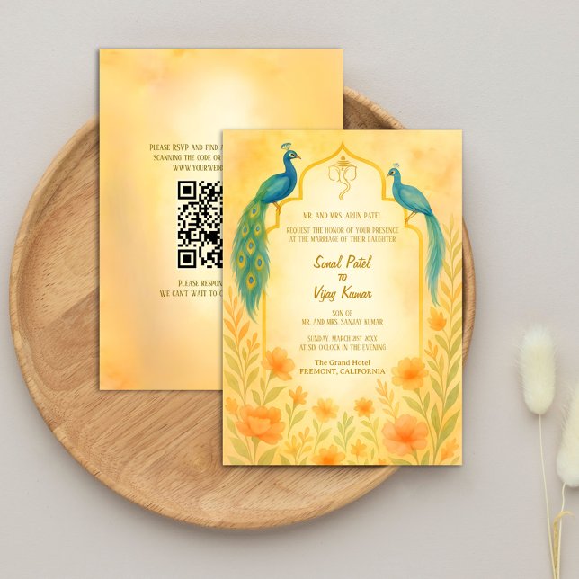 Peacock Floral Indian Hindu Wedding QR Code Invitation (Creator Uploaded)