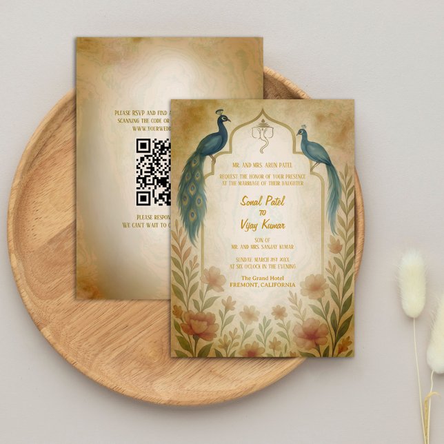 Peacock Floral Indian Hindu Wedding QR Code Invitation (Creator Uploaded)