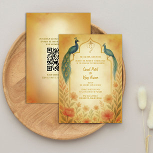 Peacock Floral Indian Hindu Wedding QR Code Invitation