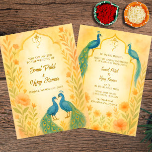 Peacock Floral Indian Hindu Wedding Watercolour Invitation