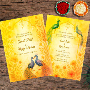 Peacock Floral Indian Hindu Wedding Watercolour Invitation