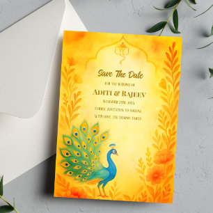 Peacock Floral Indian Wedding Save the Date Card