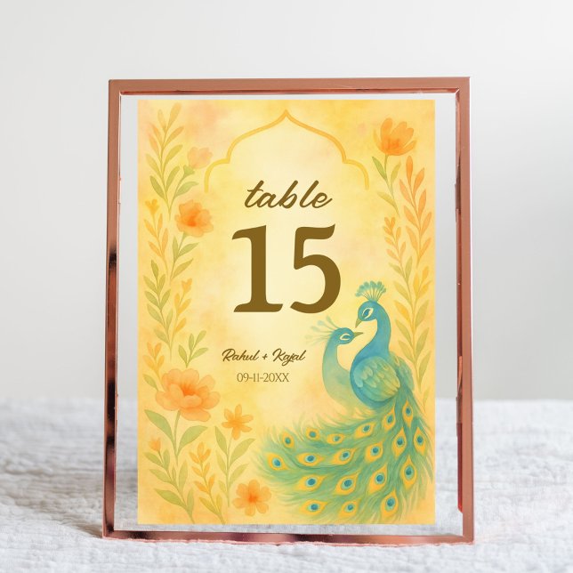 Peacock Floral Indian Wedding Table Number Card (Creator Uploaded)