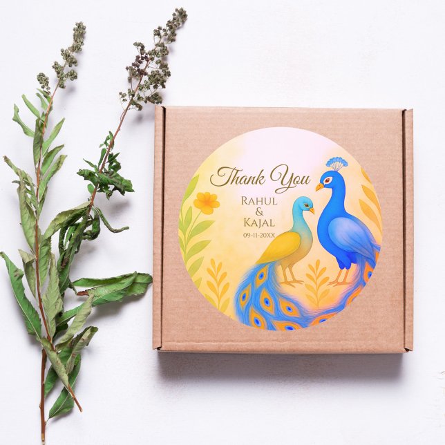 Peacock Floral Indian Wedding Thank You Classic Round Sticker (Creator Uploaded)