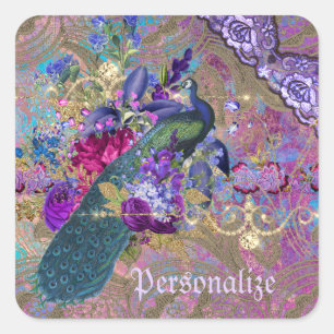 Peacock floral lace diamond elegant purple teal square sticker