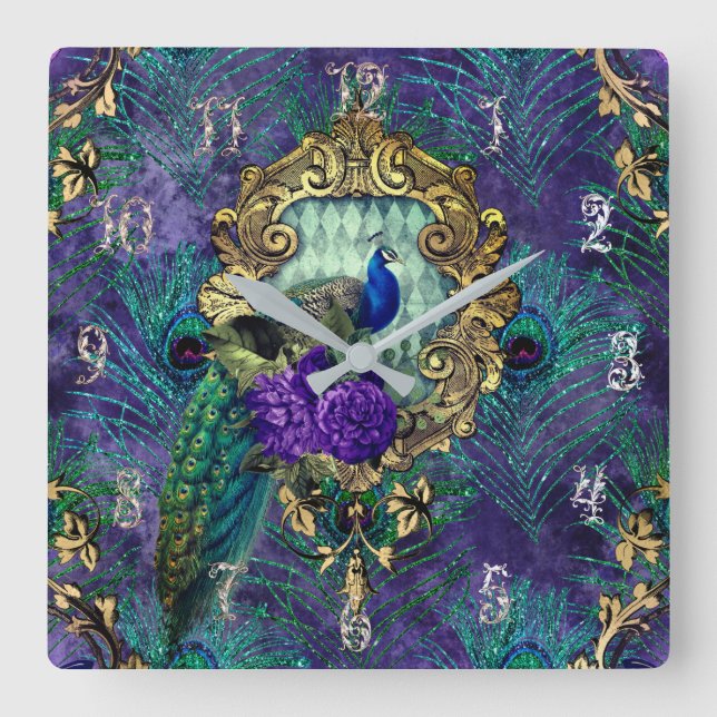 Peacock floral victorian feather elegant square wall clock (Front)