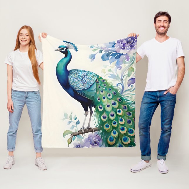 Peacock floral watercolor  fleece blanket (In Situ)