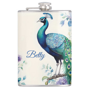 Peacock floral watercolor  hip flask