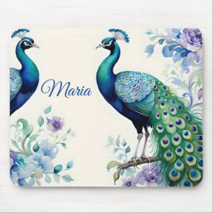 Peacock floral watercolor mouse pad