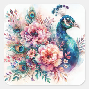Peacock  Floral Watercolor Portrait Square Sticker