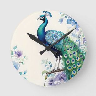 Peacock floral watercolor round clock