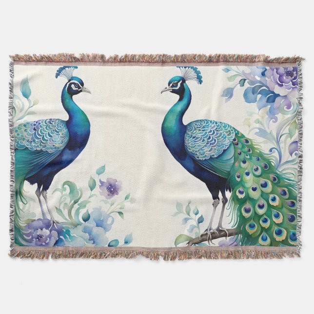 Peacock floral watercolor  throw blanket (Front)