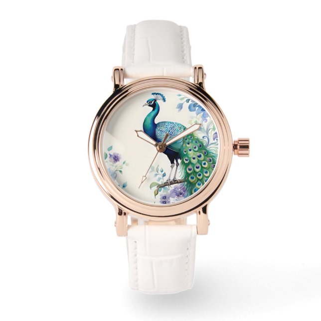 Peacock floral watercolor  watch (Front)