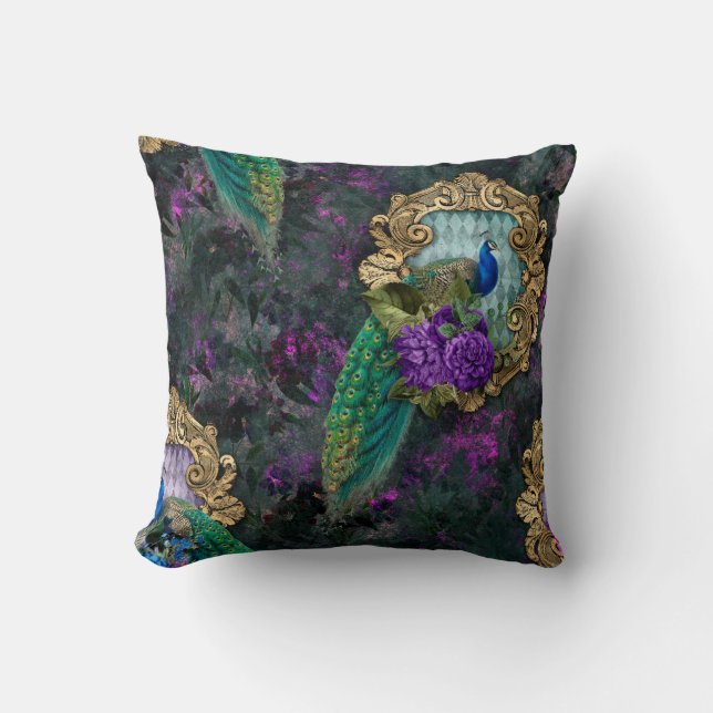 Peacock, Flowers, and Gold Frame Cushion (Front)
