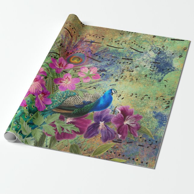 Peacock Flowers and Music Wrapping Paper (Unrolled)