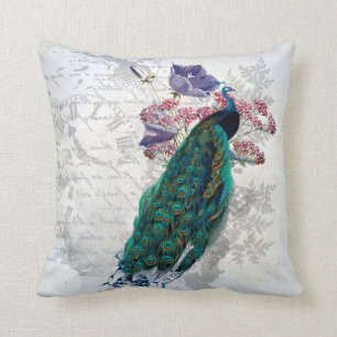 Peacock Flowers Vintage Graphic Art Colorful Cushion