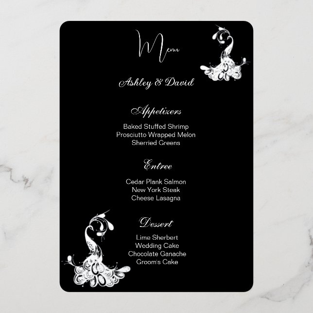 Peacock Foil Wedding Menu Card (Front)