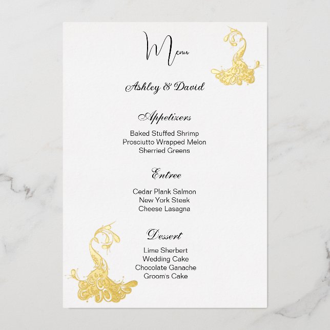 Peacock Foil Wedding Menu Card (Front)