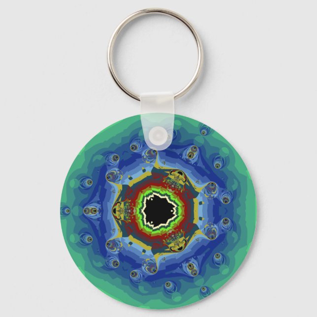 Peacock Fractal Mandala Blue Green Key Ring (Front)