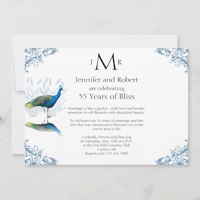 Peacock Garden in Blue Wedding Anniversary Invitation (Front)