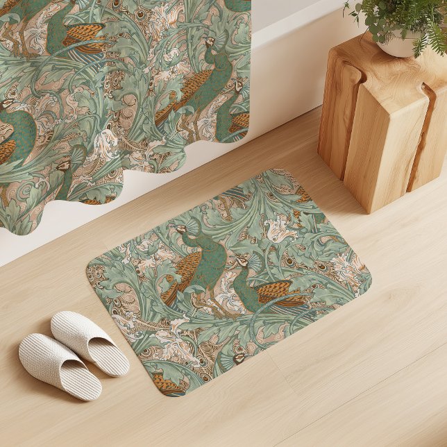 Peacock Garden in Green Beige Mustard Bath Mat (Creator Uploaded)