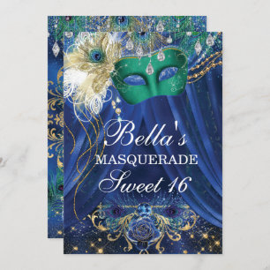 Peacock Glam Masquerade Birthday Party Invitations