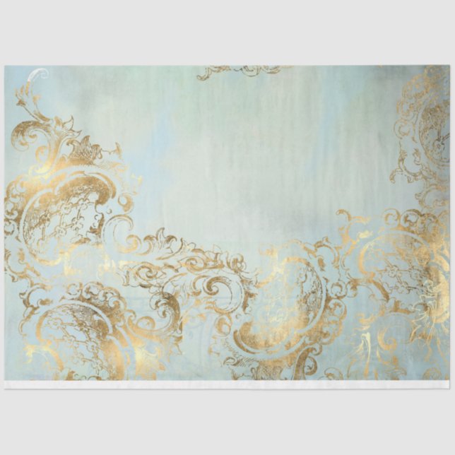 Peacock Gold and Dusty Blue Coordinate Decoupage Tissue Paper (Front)