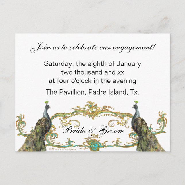 Peacock & Gold Engagement Party Invitation Postcard (Front)