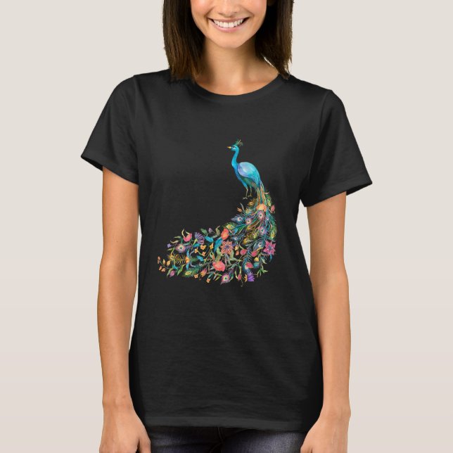 Peacock Graphic Blue Teal Floral Tail Feathers Bir T-Shirt (Front)