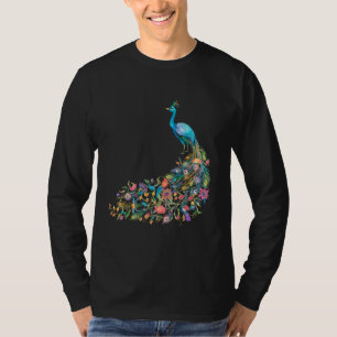 Peacock Graphic Blue Teal Floral Tail Feathers Bir T-Shirt
