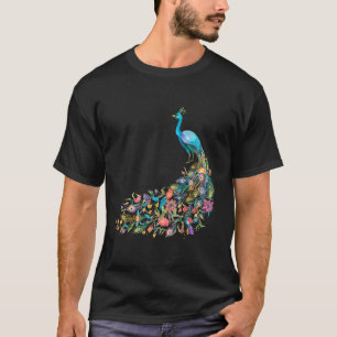 Peacock Graphic Blue Teal Floral Tail Feathers Bir T-Shirt