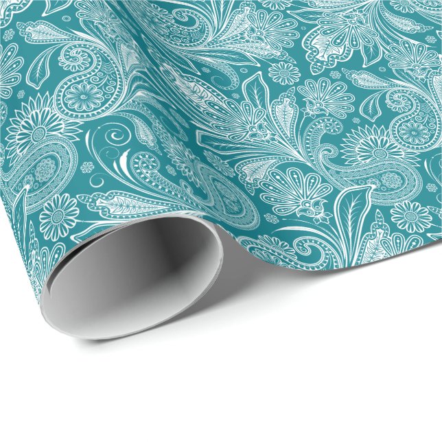 Peacock Green And White Vintage Paisley Wrapping Paper (Roll Corner)