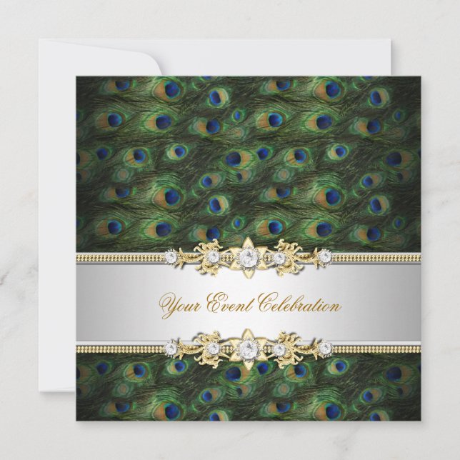 Peacock Green Blue Gold Elegant Party Invitation (Front)