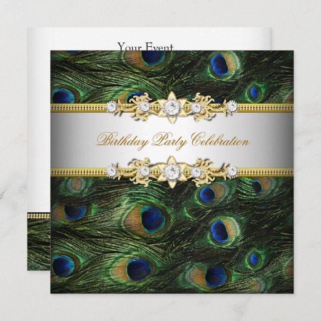Peacock Green Blue Gold White Elegant Party Invitation (Front/Back)