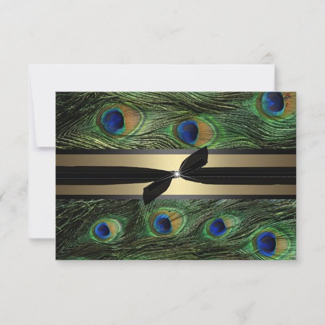 Peacock Green & Gold Wedding RSVP Card (Front)