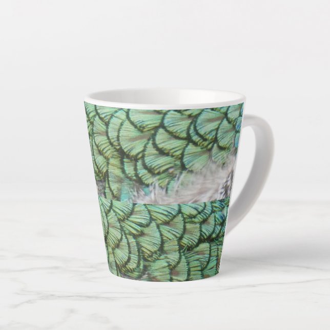 Peacock Green Grey Feathers Latte Mug (Right Angle)