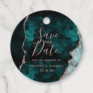 Peacock Green Rose Gold Agate Marble Save the Date Favour Tags